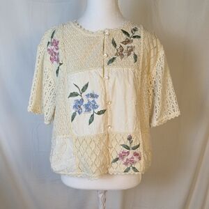 Vintage Cream Lace Blouse with Floral Embroidery